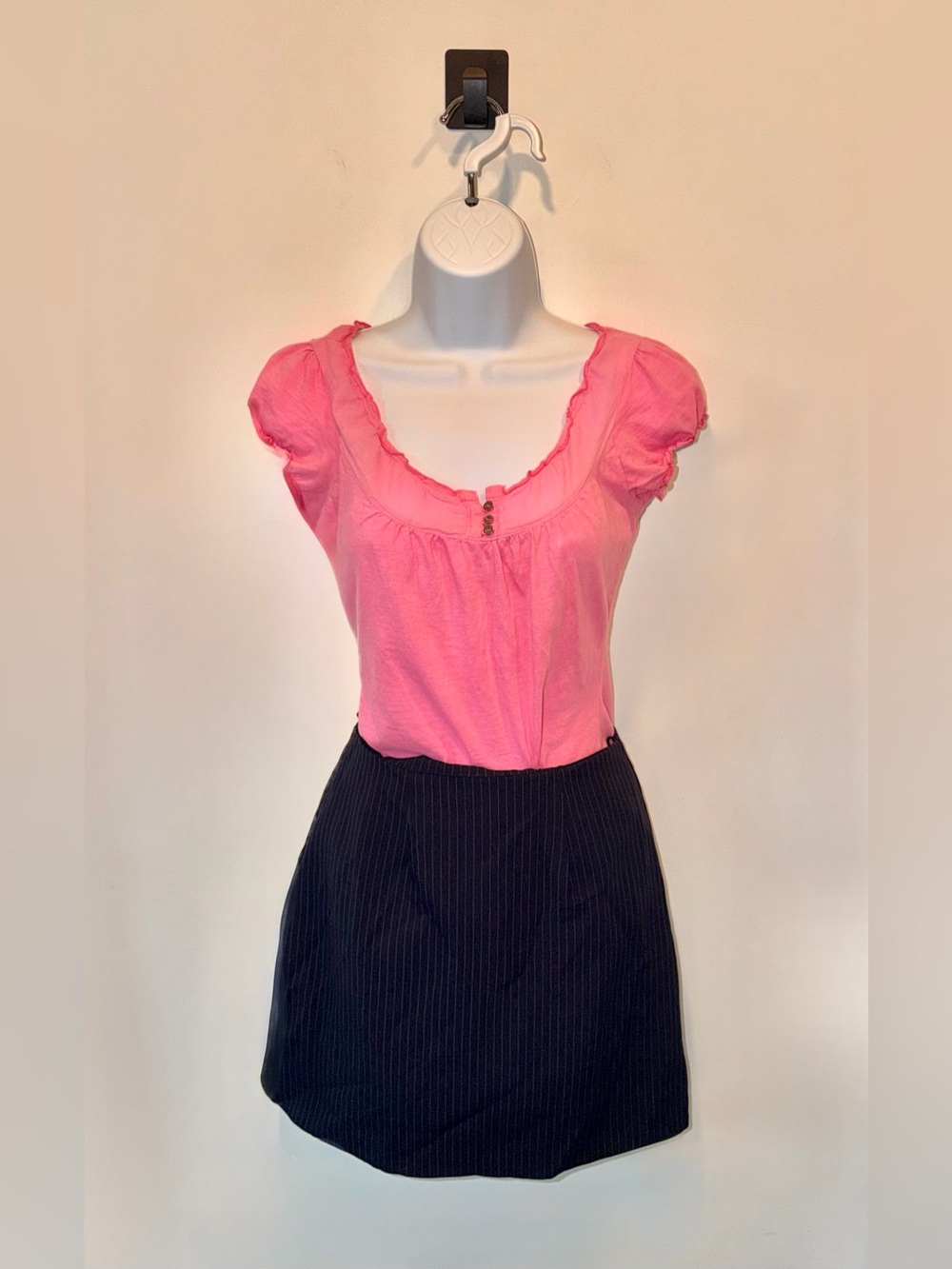 Pink 100% Cotton Scoop Neck Puff Sleeve Button Ruffle Blouse L Preppy Fairy Y2K
